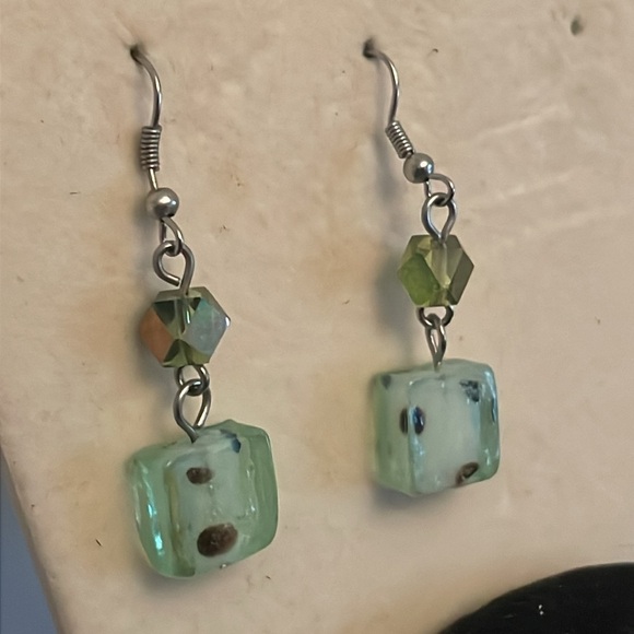 2” silver tone dangle drop earrings with teal green resin dice dangles on wires - Picture 7 of 12